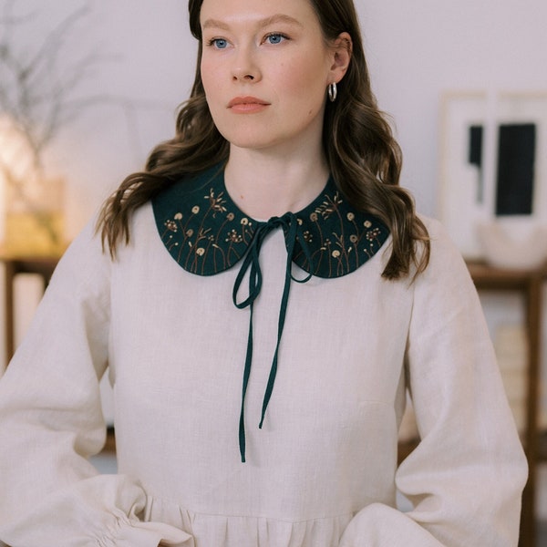 Col claudine amovible avec broderie à la main, col plastron amovible en lin pour femme