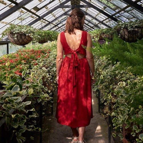 red apron dress Red linen pinafore apron dress, casual cross back occasion outfit, adjustable woman gown with pockets, natural knee length mid sized robe
