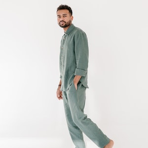Men&#39;s Linen Pajama Set: Pine Green Loungewear