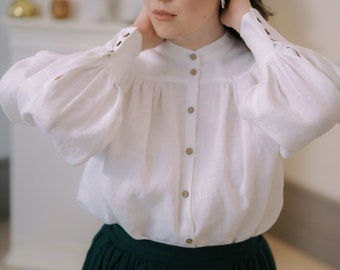 Edwardian linen blouse with puff sleeves, Victorian blouse, Poet Dark Academia collar shirt