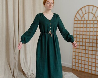 Emerald green linen dress for women, bishop sleeve cottagecore dress, Renaissance dress