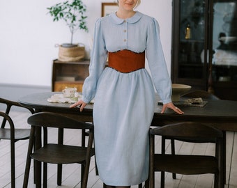 Modest linen dress with Peter Pan collar, Puff sleeve prairie dress, fairycore dress for women