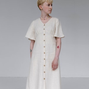 Empire waist summer Linen Dress with bell sleeves White midi dress Romantic dress image 1