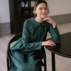 Modest linen dress with Peter Pan collar, Long sleeve peasant dress for women, Cottagecore dress