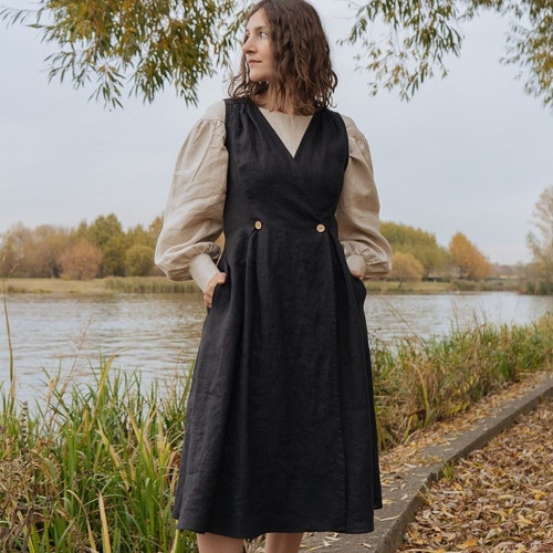 pinafore dress linen The quality linen material Striped Pinafore Apron Dress
