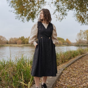 Black linen pinafore dress, Dark Academia wrap dress, linen sundress