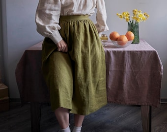 Victorian long linen skirt with pockets - handmade elastic waist skirt for women - Cottagecore pleated midi skirt