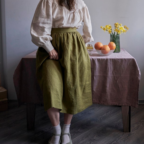 Victorian long linen skirt with pockets - handmade elastic waist skirt for women - Cottagecore pleated midi skirt