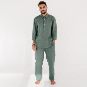 Conjunto de pijama para hombre 100% lino: camisa de manga larga con cuello y pantalón de estar por casa