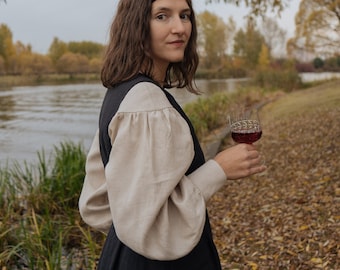 Linen Victorian blouse with puff sleeves - loose fit peasant blouse - dark academia shirt - cottagecore clothing