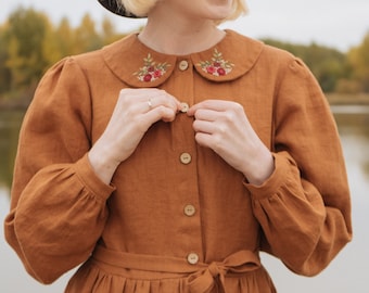 Peter Pan collar modest dress with puff sleeves, Hand embroidered long sleeve dress, Cottagecore dress