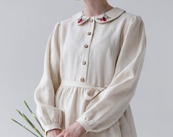 Hand embroidered white linen Dress with Peter Pan collar, Puff sleeves Cottagecore dress