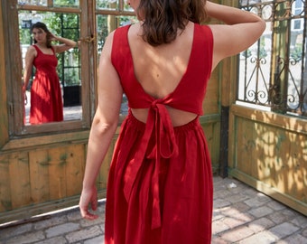 Linen Square Neck Dress with Open Back - Red Tie Back Apron Summer Dress - Cottagecore Pinafore Dress