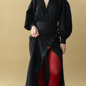 Embroidered Black Linen Maxi Skirt: Wrap A-Line Style