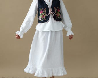 White Linen Petticoat: Ruffled Lace Trim Underskirt - Cottagecore Style