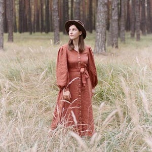 Rust button down Linen Dress - Fall maxi dress with puff long sleeves