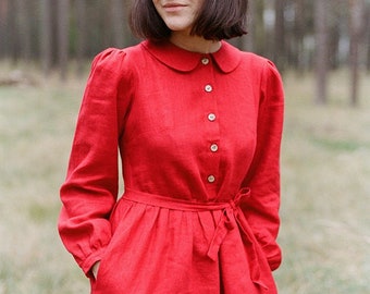 Peter Pan collar dress with puff sleeves, red modest linen dress, cottagecore dress