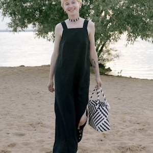 Black Linen Sundress: Summer Midi Slip Dress with Wide Straps