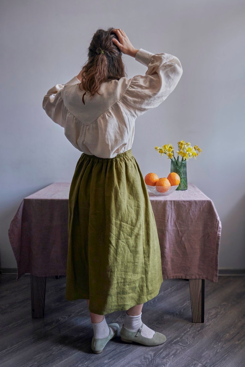 Victorian long linen skirt with pockets handmade elastic waist skirt for women Cottagecore pleated midi skirt image 2