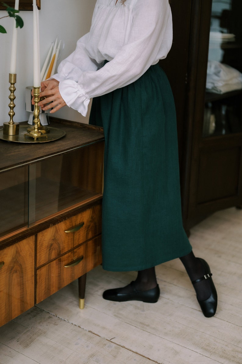 Victorian long linen skirt with pockets handmade elastic waist skirt for women Cottagecore pleated midi skirt image 7