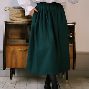 Victorian long linen skirt with pockets handmade elastic waist skirt for women Cottagecore pleated midi skirt image 5