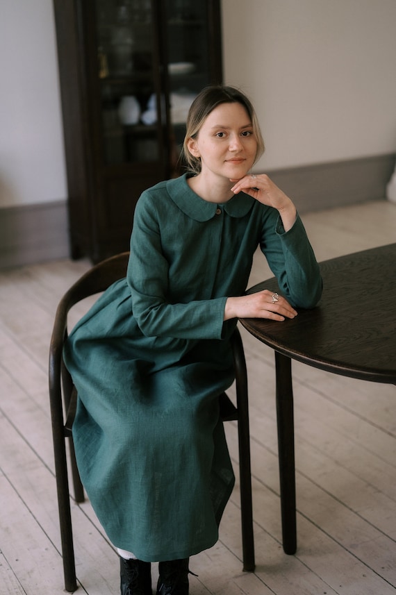 long sleeve peasant dress Long Sleeve Peasant Linen Dress with Peter Pan collar, Modest clothes