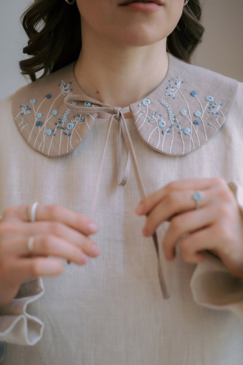 Detachable Peter Pan collar with hand embroidery, removable bib linen collar for women image 1