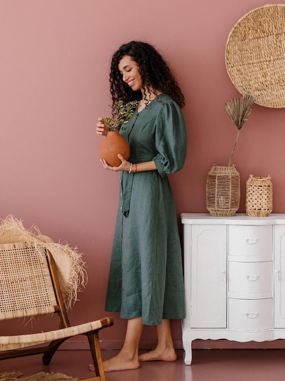 Victorian Linen Maxi Dress with Puff Sleeves - Cottagecore Prairie Dress, Romantic Historical Inspired Linen Gown for Women
