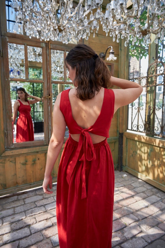 Linen Square Neck Dress with Open Back - Red Tie Back Apron Summer Dress -  Cottagecore Pinafore Dress