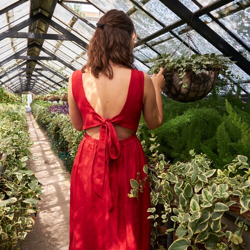 red dress with apron Open Back Square Neck Apron Dress, Tie Back Linen Pinafore Dress, Red  Renaissance Style Dress