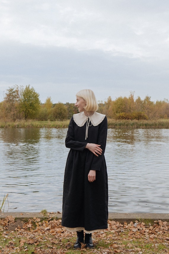 Dark Academia Black Linen Cottagecore Dress, Gothic Witch Set With  Detachable Collar and Petticoat - Etsy