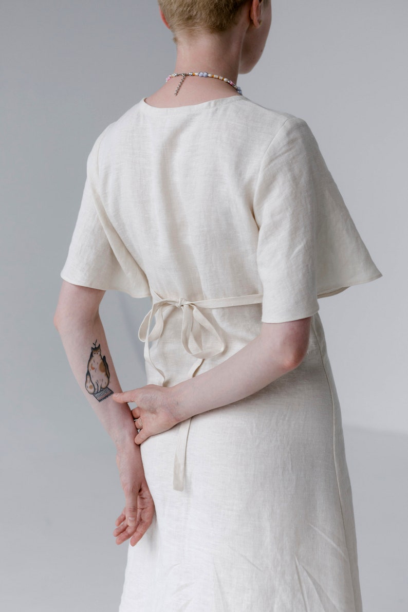 Empire waist summer Linen Dress with bell sleeves White midi dress Romantic dress image 5