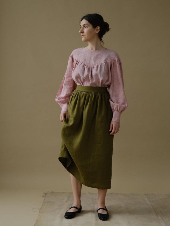 Long linen skirt with pockets - Victorian gathered skirt for women - Renaissance pleated midi skirt