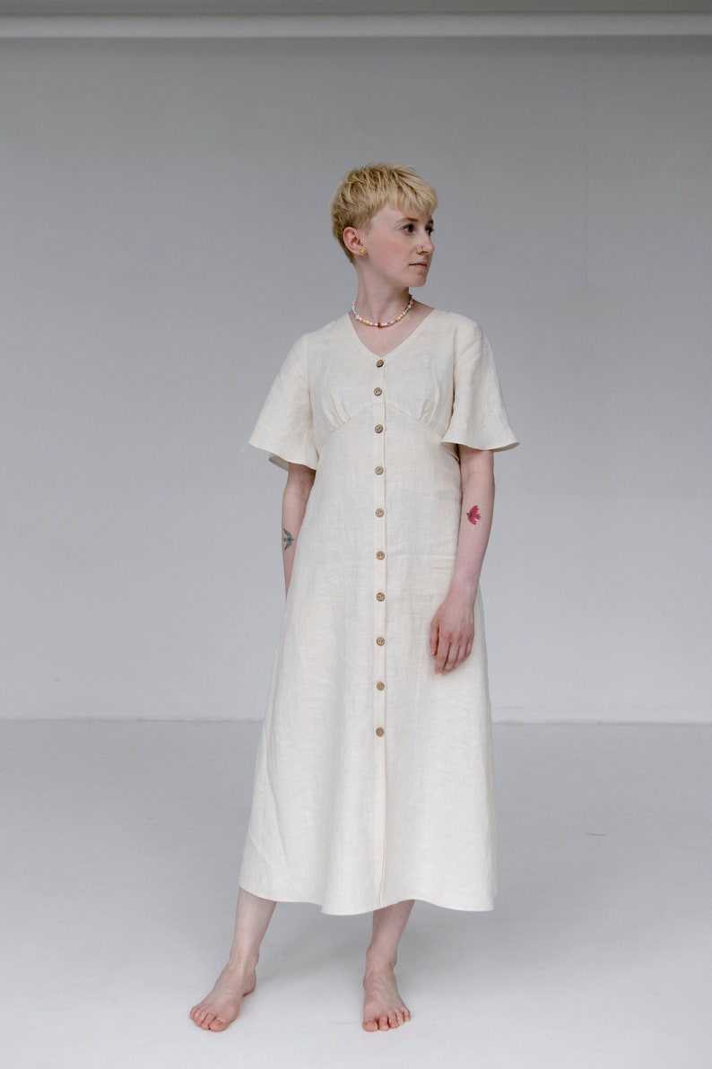 Empire waist summer Linen Dress with bell sleeves White midi dress Romantic dress image 1