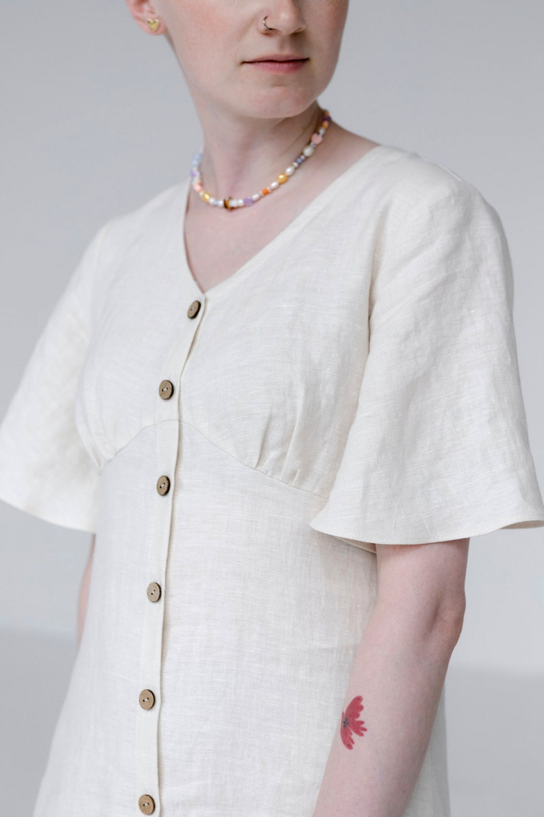 Empire waist summer Linen Dress with bell sleeves White midi dress Romantic dress image 2