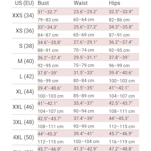 Pode incluir: Uma tabela de tamanhos para roupas femininas com medidas em polegadas e cent&iacute;metros. A tabela lista os tamanhos do XXS ao 5XL e inclui as medidas de busto, cintura e quadril.
