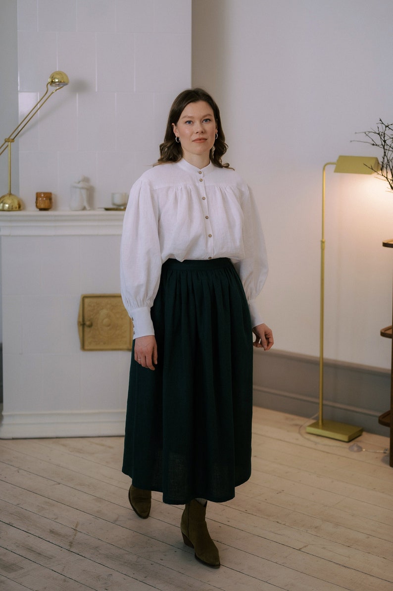 Victorian long linen skirt with pockets handmade elastic waist skirt for women Cottagecore pleated midi skirt image 3