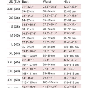 Op de afbeelding: Een maattabel voor dameskleding met maten in inches en centimeters. De tabel geeft maten van XXS tot 5XL weer en bevat borst-, taille- en heupmaten.