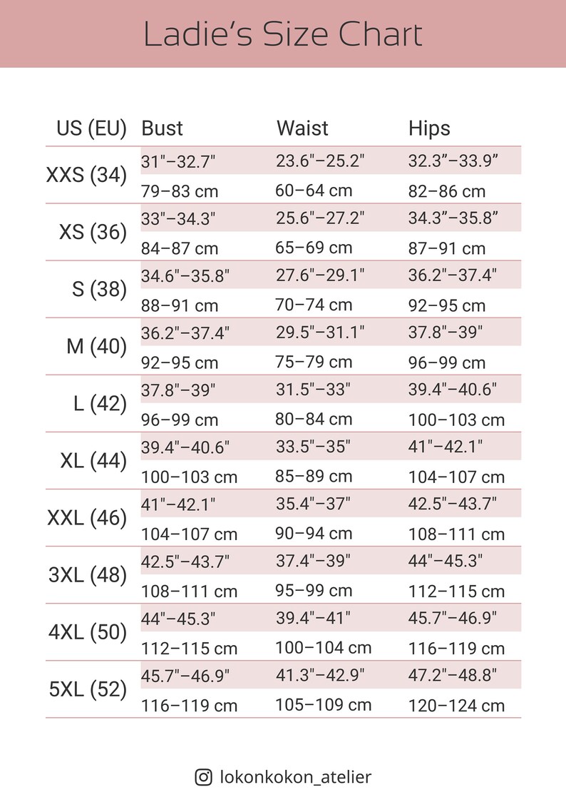 Op de afbeelding: Een maattabel voor dameskleding met maten in inches en centimeters. De tabel geeft maten van XXS tot 5XL weer en bevat borst-, taille- en heupmaten.