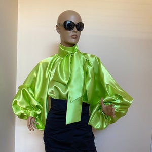 Lime Green Satin Blouse Puff Sleeves Blouse Satin Shirt - Etsy