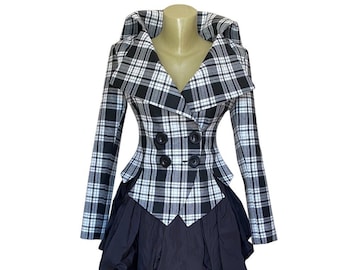 Women's tailored Scottish Tartan Black and White  jacket, plaid blazer