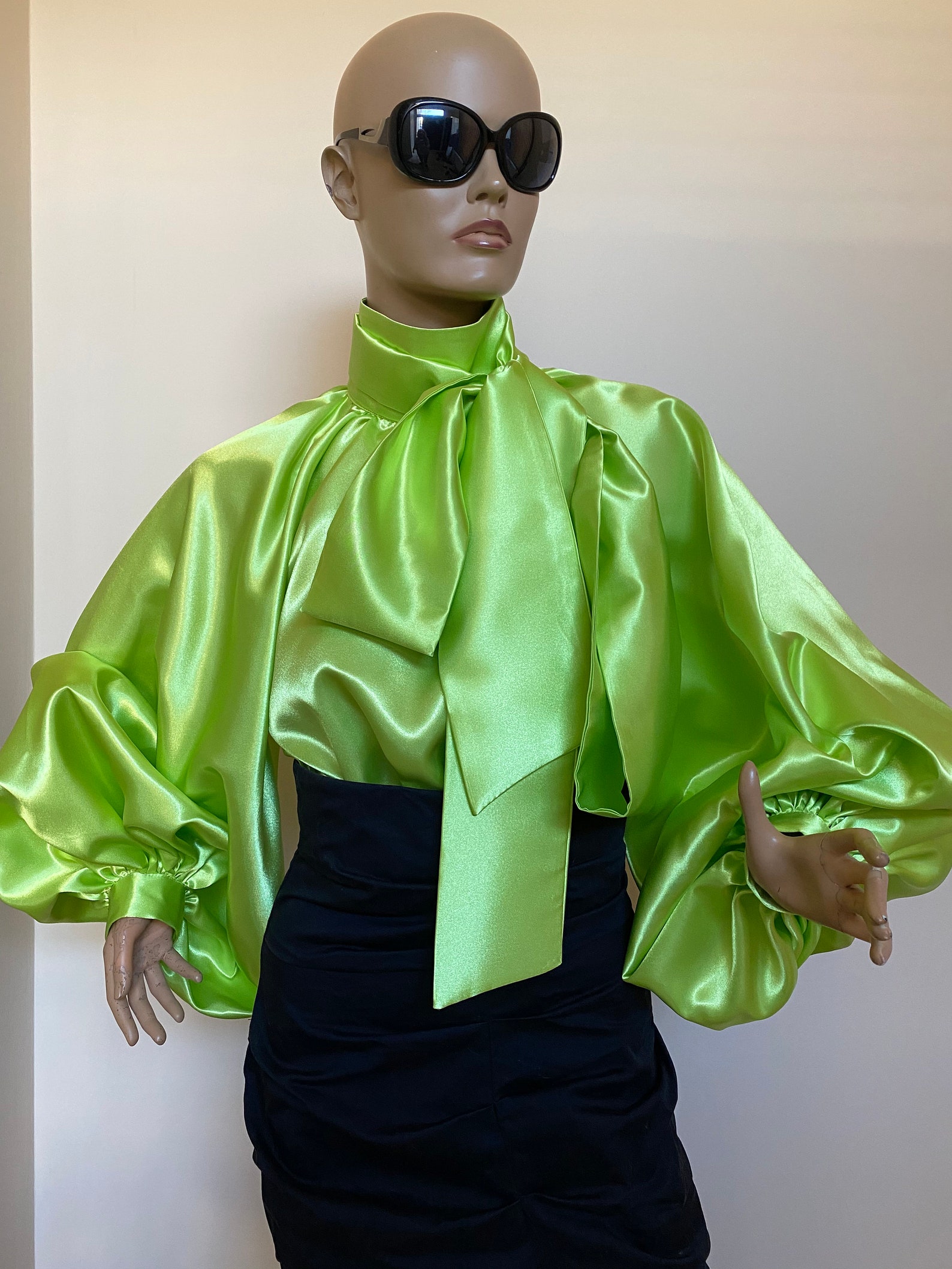 Lime Green Satin Blouse, Puff Sleeves Blouse, Satin Shirt , Bow Tie ...