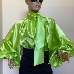 Lime Green Satin Blouse, Puff Sleeves Blouse, Satin Shirt , Bow Tie ...