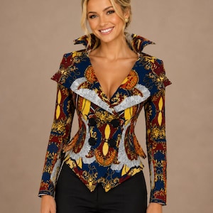 Blazer feminino barroco em algodão, blazer de alfaiataria com estampa abstrata, blazer de algodão com abotoamento duplo, jaqueta feminina elegante.