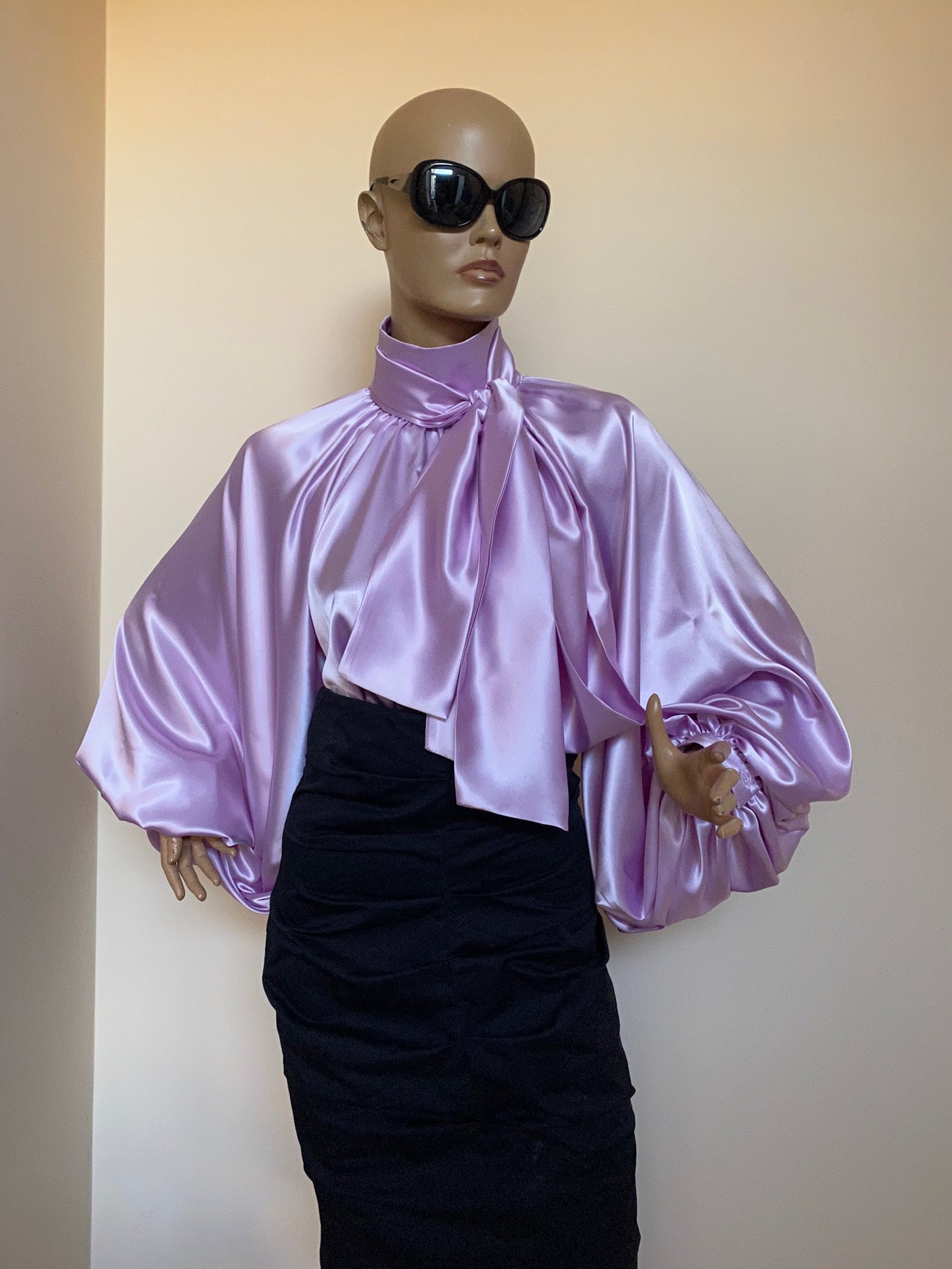 Lilac Satin Blouse Puff Sleeves Blouse Satin Shirt Bow Tie - Etsy