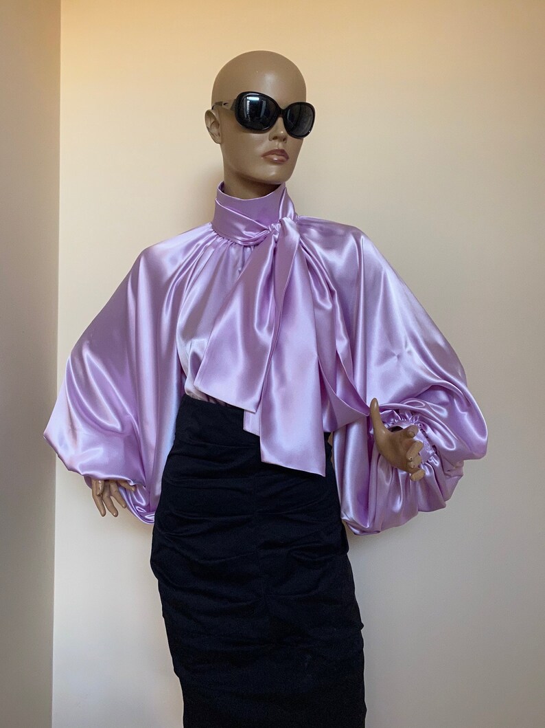 Lilac Satin Blouse Puff Sleeves Blouse Satin Shirt Bow Tie Etsy UK