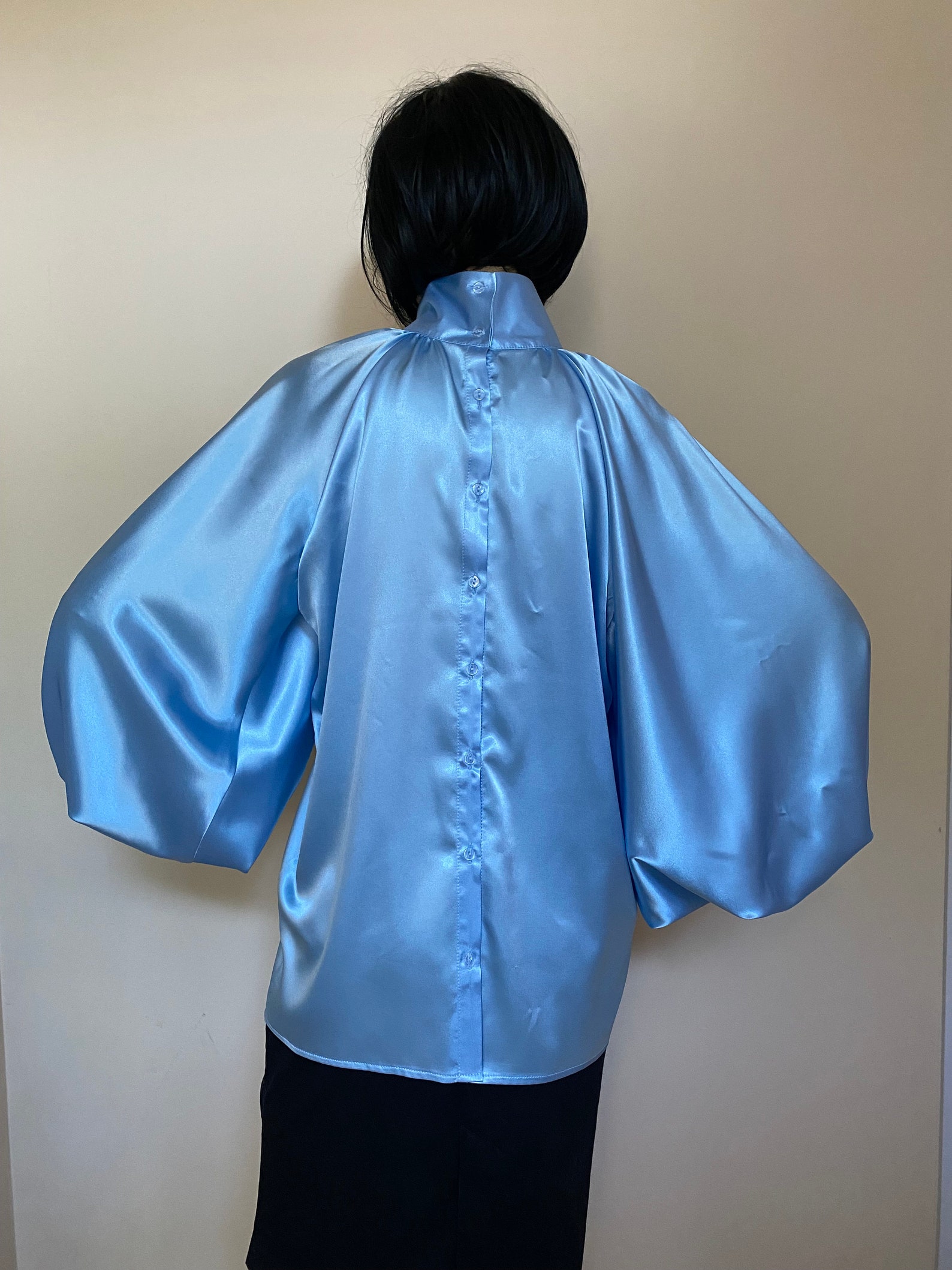 Baby Blue Satin Blouse, Puff Sleeves Blouse, Satin Shirt , Bow Tie White Satin Blouse , Formal