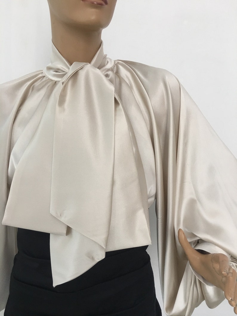 Cream silk blouse Puff sleeves blouse Silk Satin Shirt | Etsy