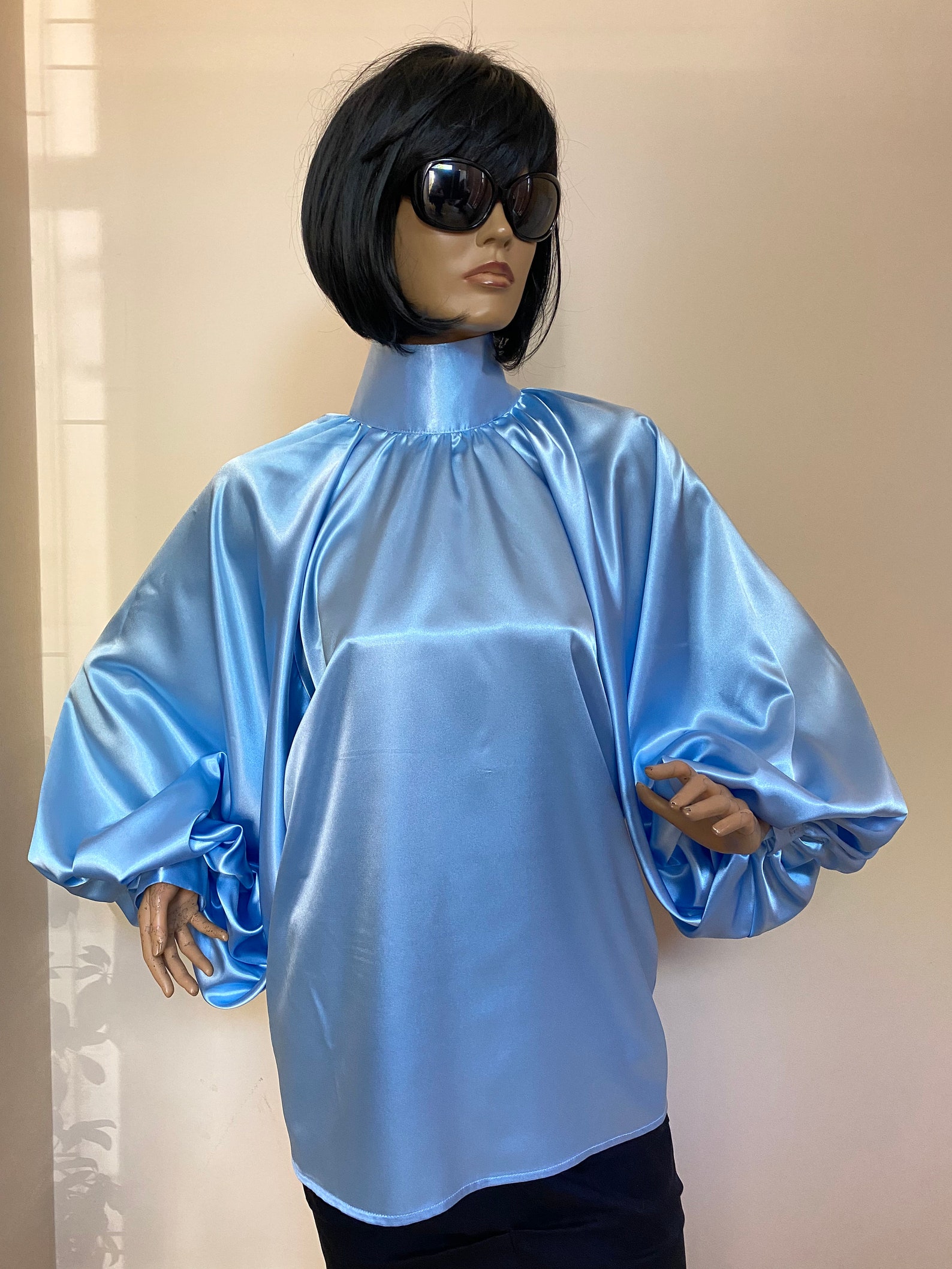 Baby Blue Satin Blouse, Puff Sleeves Blouse, Satin Shirt , Bow Tie White Satin Blouse , Formal