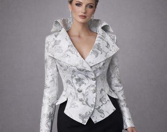 Blazer in broccato argento da donna, elegante giacca jacquard, blazer da sera formale, giacca da invitata a nozze, blazer aderente da donna